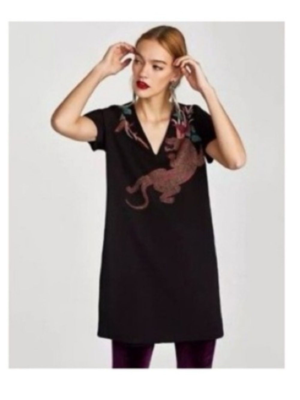 Zara Black Short Sleeve Shift Dress with leopard detailing